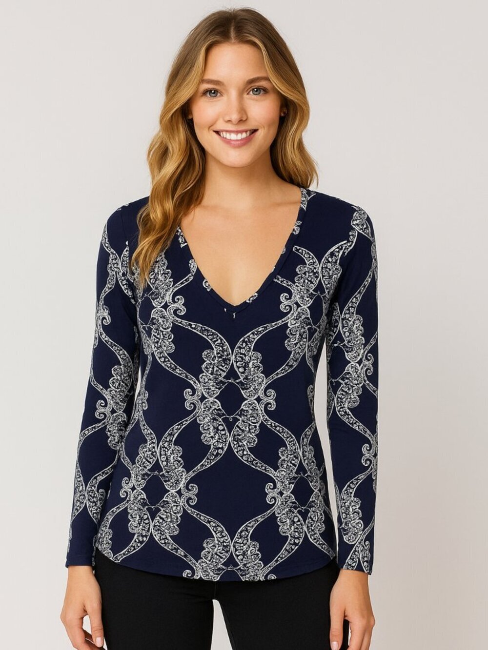 Lilly Pulitzer Jodie Top XS Ms Behave Seahorse Navy V Neck Long Sleeve
